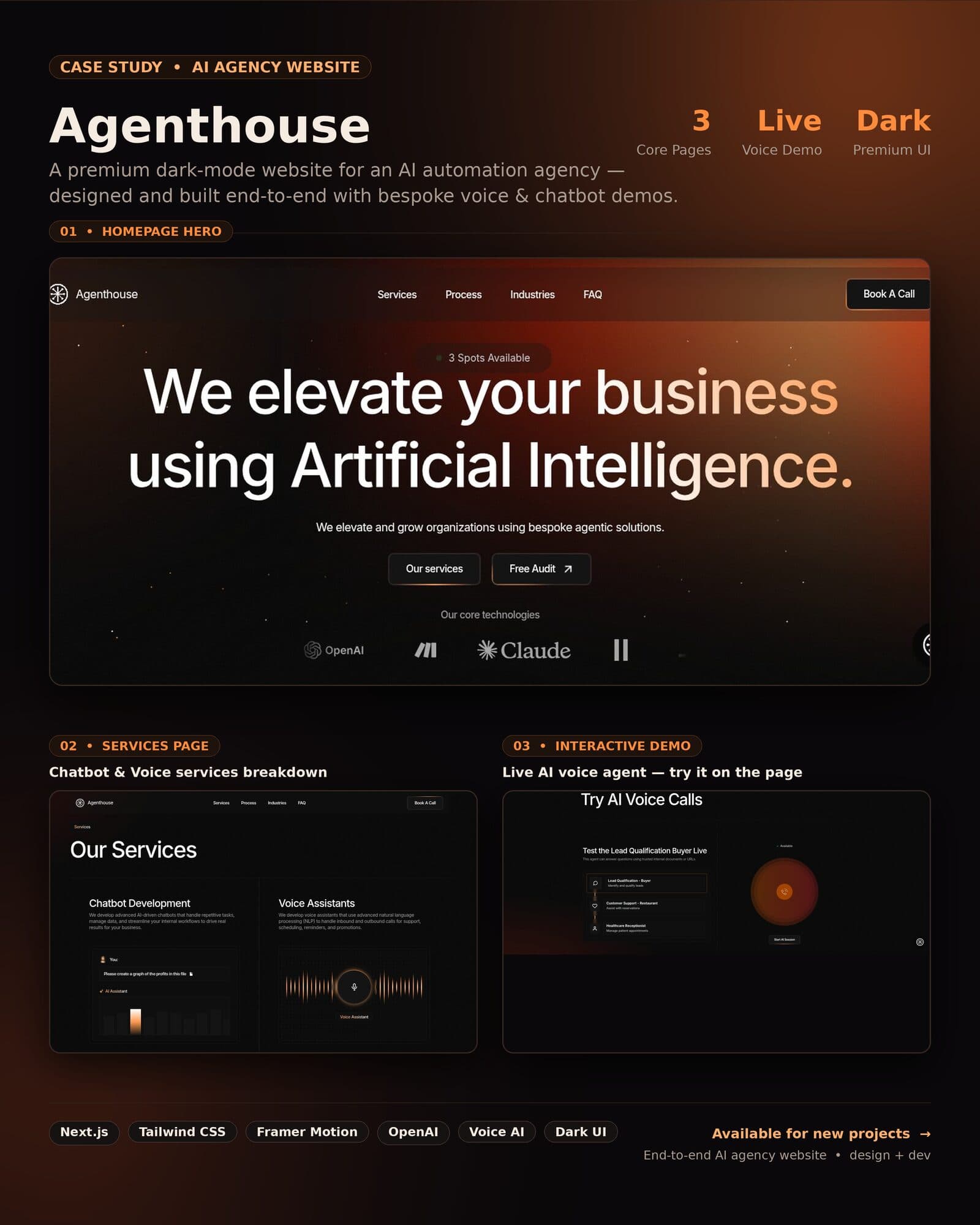 AgentHouse — a premium dark-mode website for an AI automation agency with chatbot and voice-assistant demos